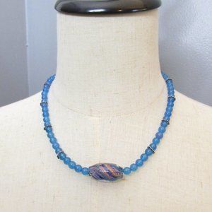 Blue Quartz Stone Necklace With Glass Bead